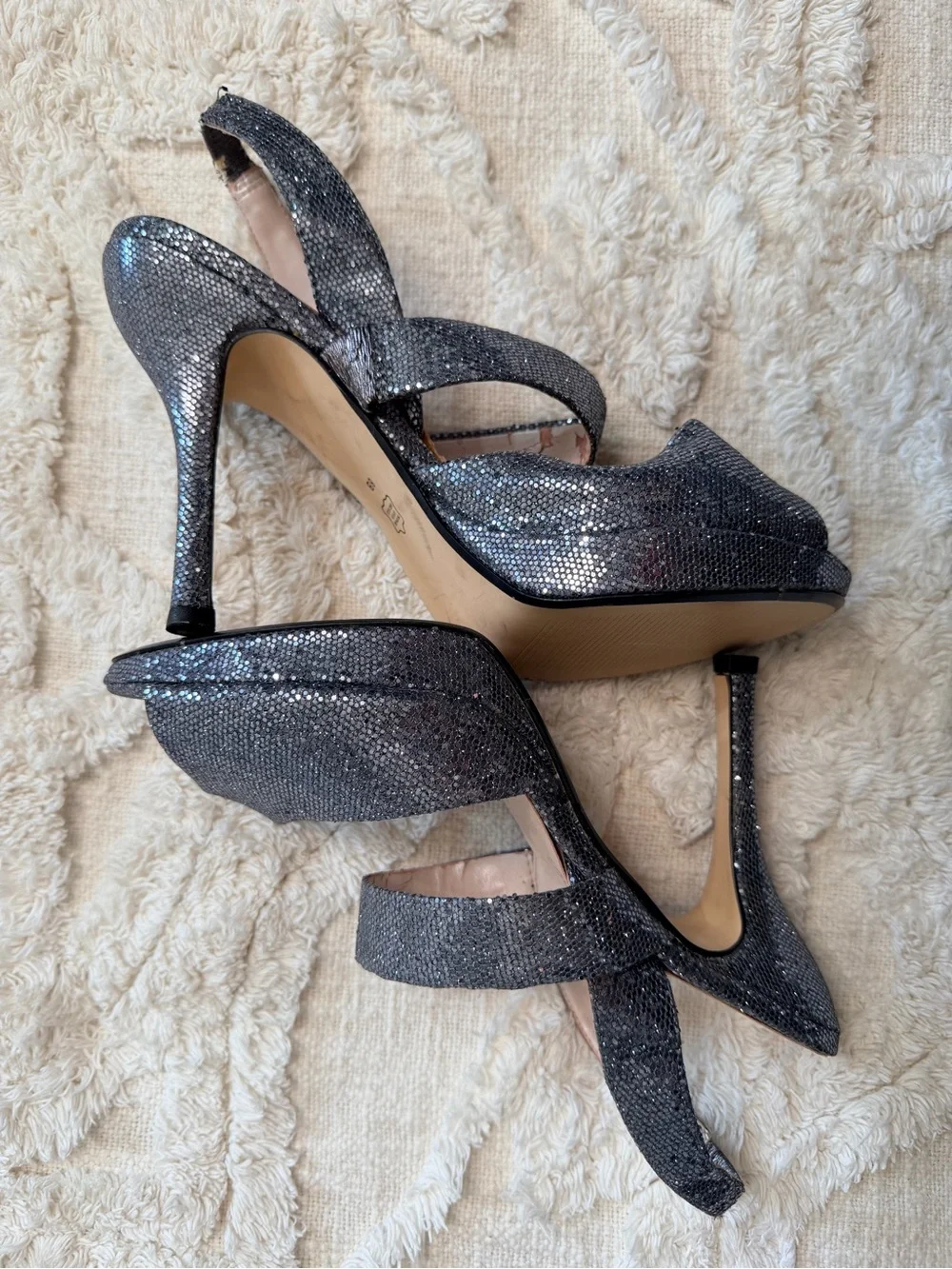 Caparros Silver Glitter Peep Toe Slingback Platform Heels Size 8B GUC